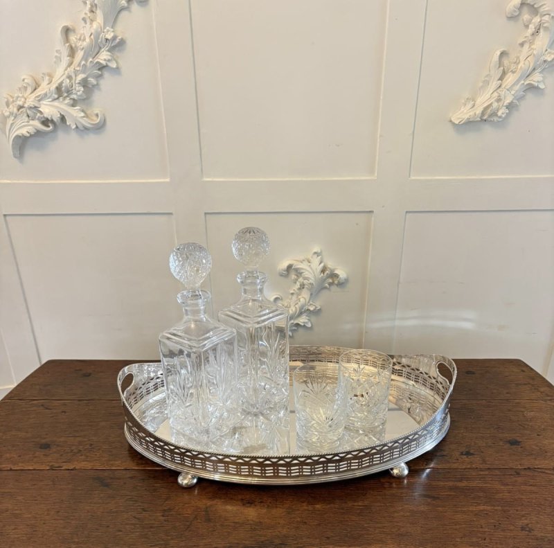 Antique Large Edwardian Silver Plated Oval Gallery Cocktail / Decanter Tray with Handles - Image 6